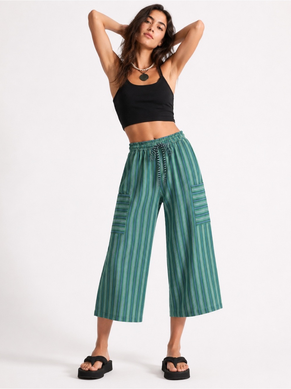 Free People Beach Striped Wide Leg Crop Pants Green Blue Boho Resort Size L